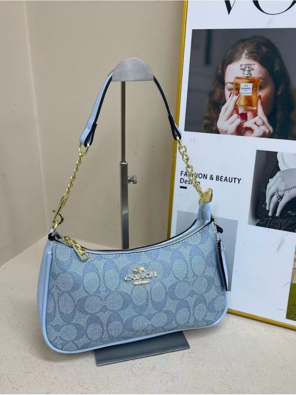 Coach Light Blue Signature Jacquard Shoulder Bag with Gold Hardware - Picture 2 of 3